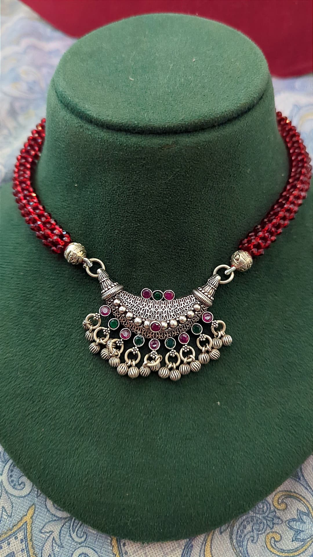 Ruby & Emerald Oxidised Necklace – 925 Silver Necklaces