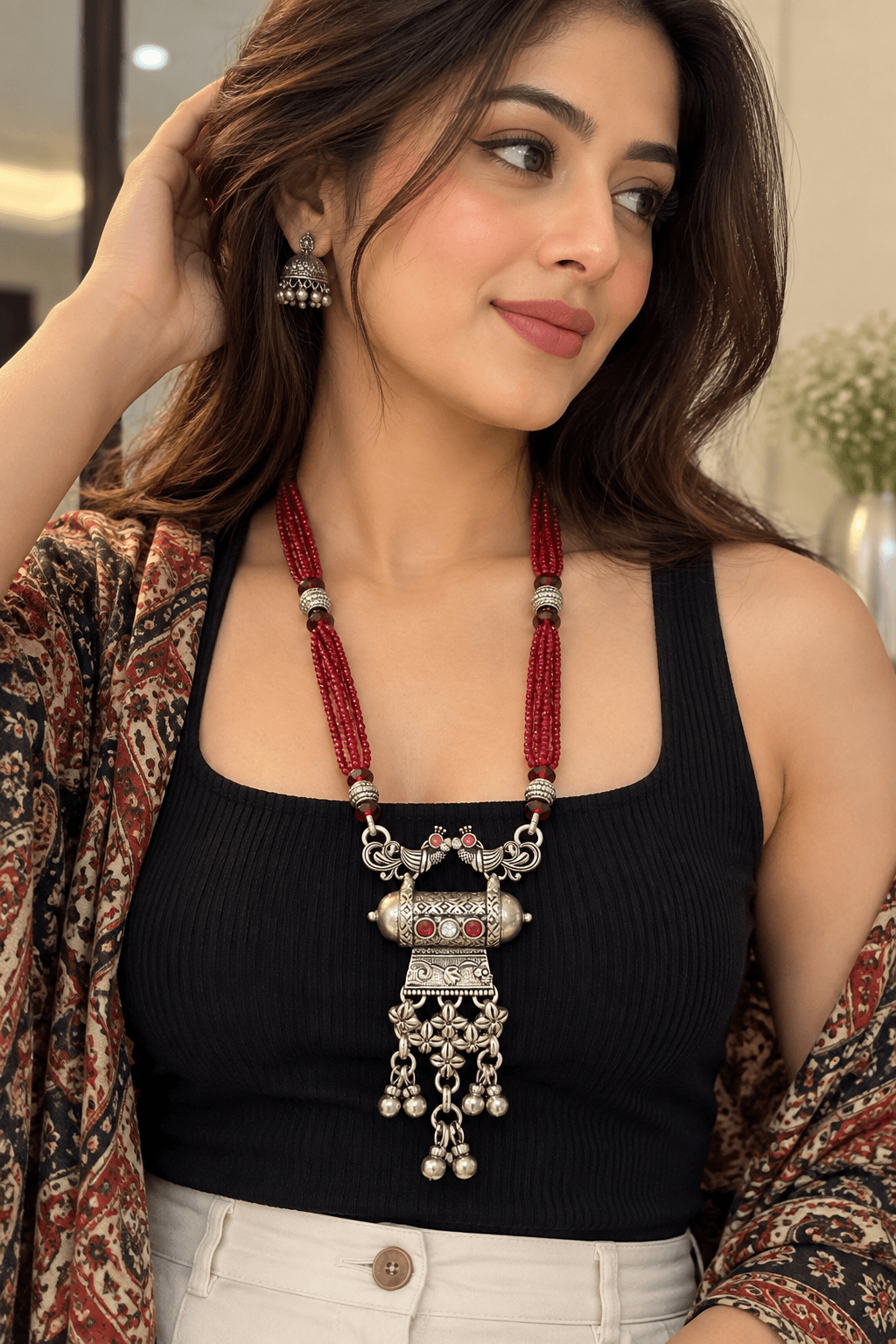 Royal Peacock Red Bead Long Necklace – 925 Silver Necklaces